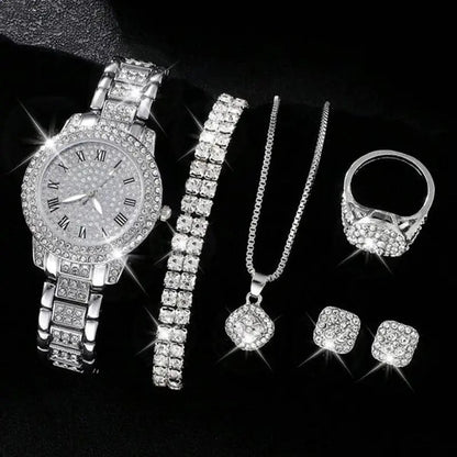 Women’s Diamond Fashion Roman Quartz Watch – 5‑Piece Jewelry Set