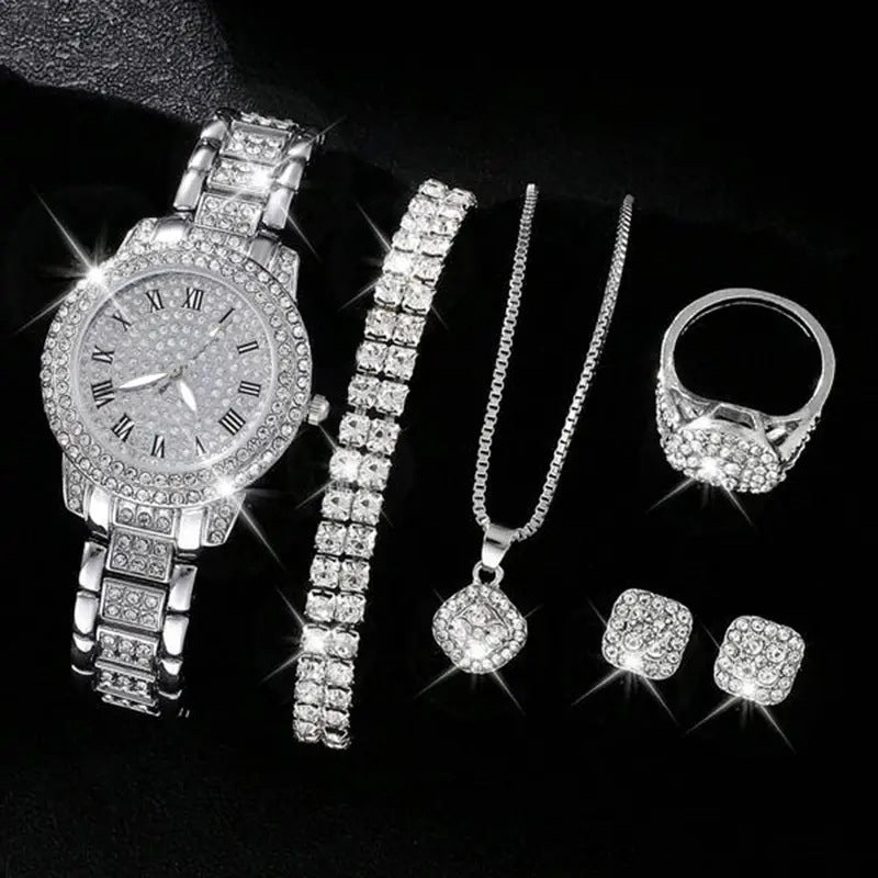 Women’s Diamond Fashion Roman Quartz Watch – 5‑Piece Jewelry Set