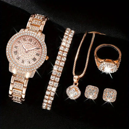 Women’s Diamond Fashion Roman Quartz Watch – 5‑Piece Jewelry Set