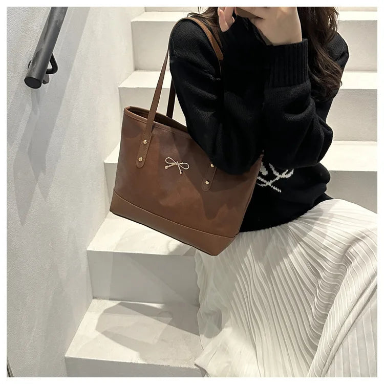 Women’s Daily PU Shoulder Bag – Large Capacity with Bow Decoration