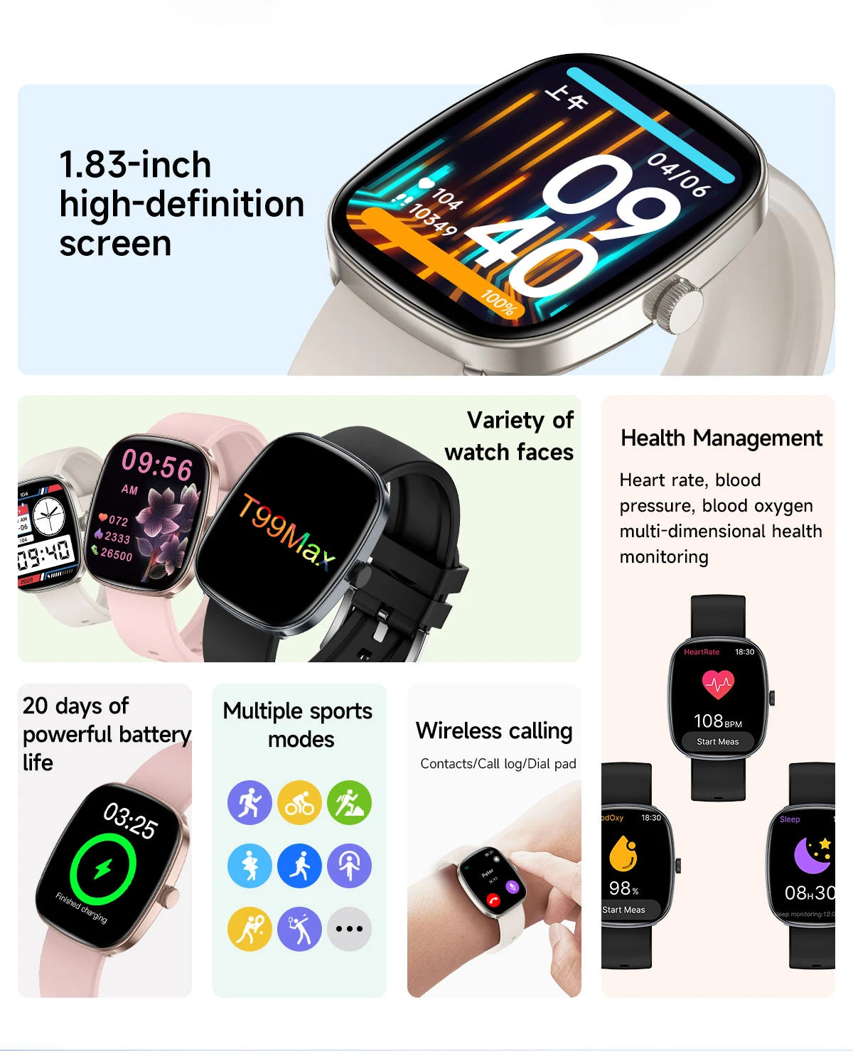 1.83" Smart Watch Bluetooth Call Fitness Health Monitor