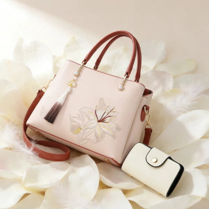 Embroidered Lily Shoulder Tote for women