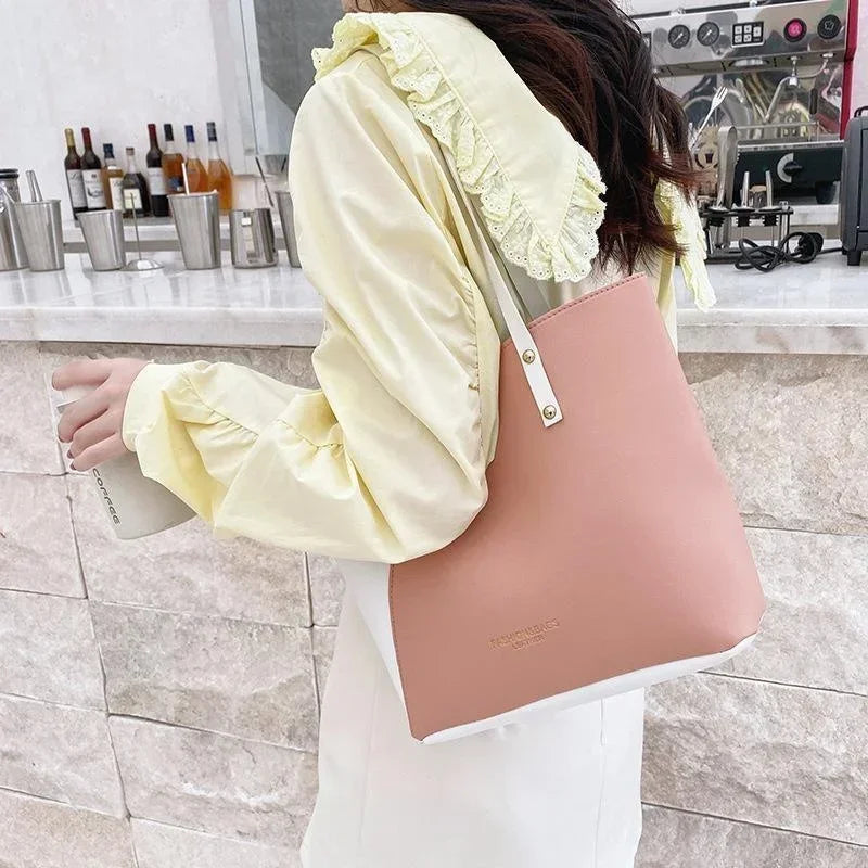 Women's Shopping Bag- PU Leather Tote Bag Double Tone Color Shoulder Bag