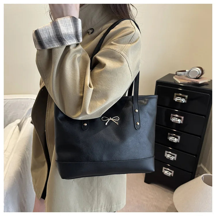 Women’s Daily PU Shoulder Bag – Large Capacity with Bow Decoration