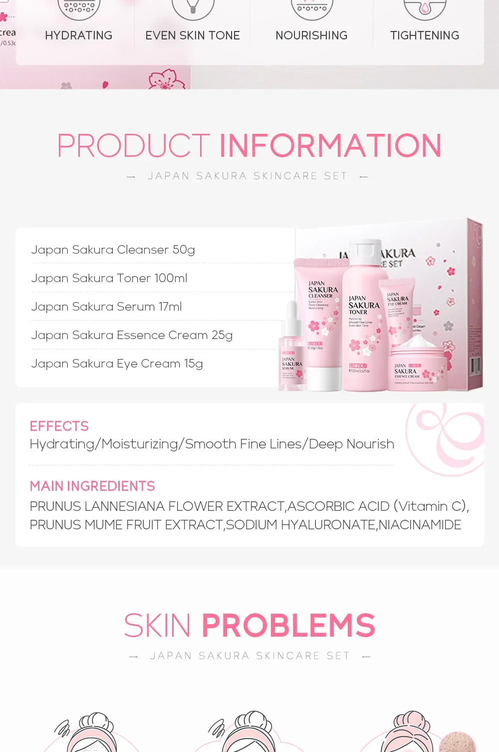 LAIKOU Sakura Skincare Set – 5PCS Moisturizing & Brightening Kit