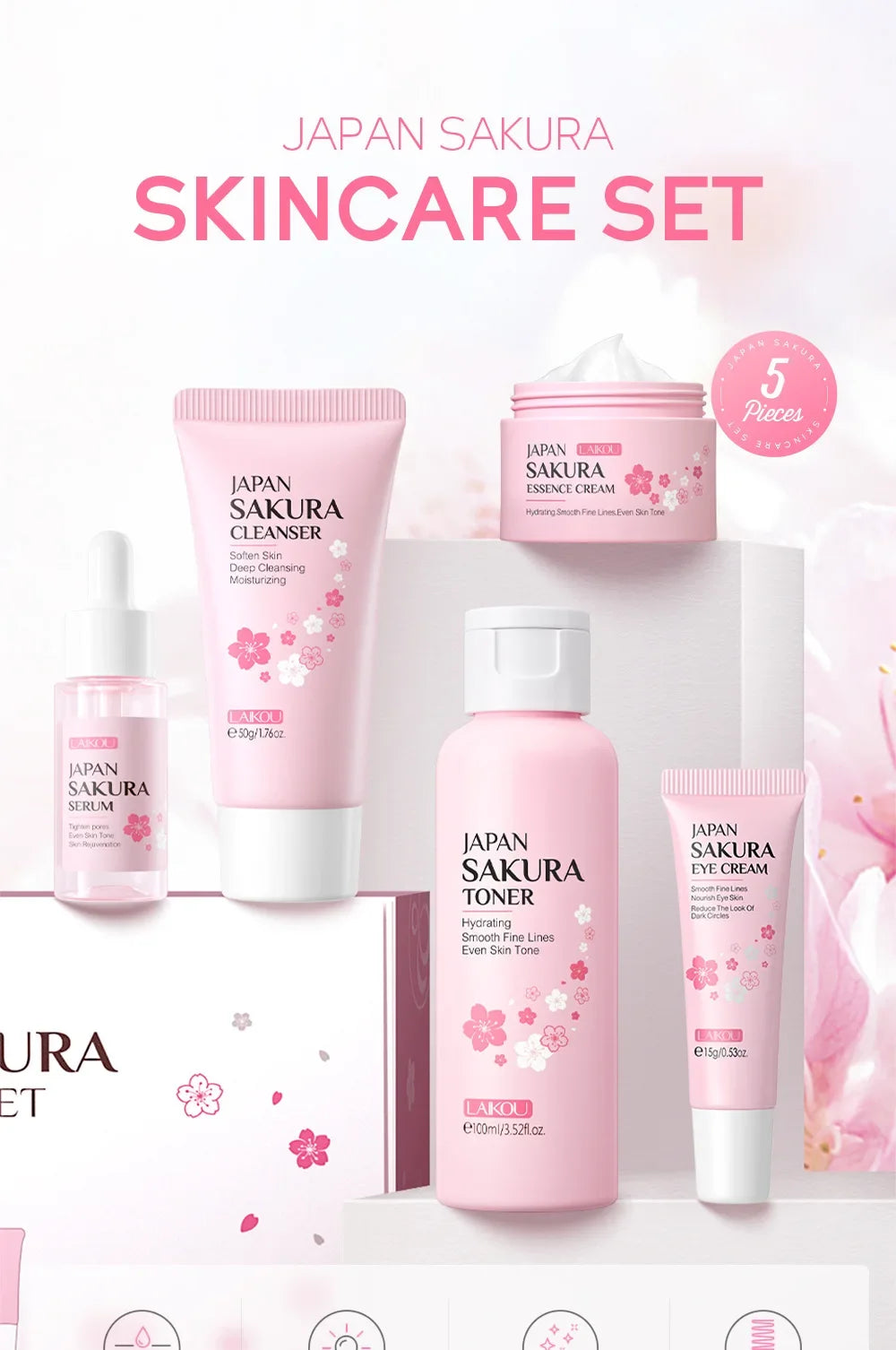 LAIKOU Sakura Skincare Set – 5PCS Moisturizing & Brightening Kit