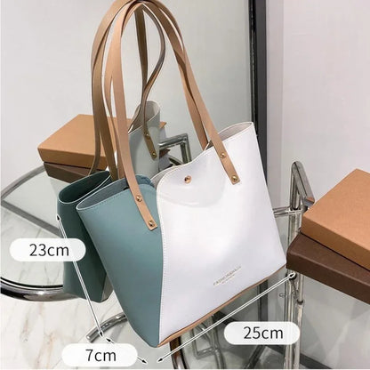 Women's Shopping Bag- PU Leather Tote Bag Double Tone Color Shoulder Bag