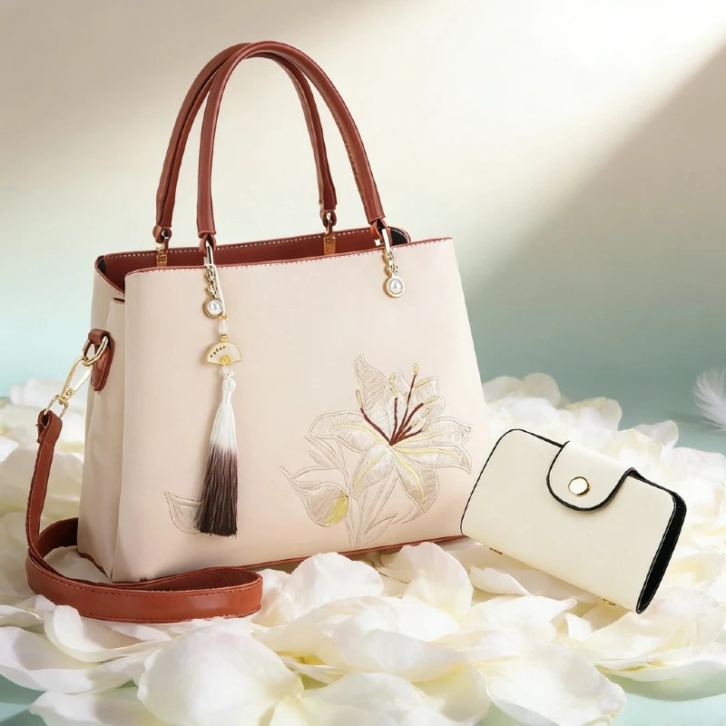Embroidered Lily Shoulder Tote for women