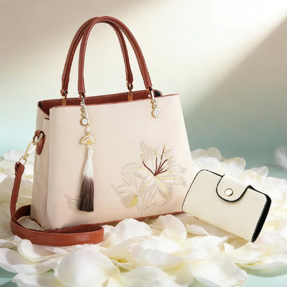 Embroidered Lily Shoulder Tote for women