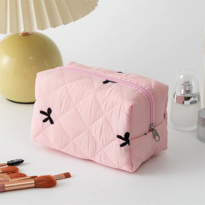 Stylish Large Bow Cosmetic Bag – Quilted Cotton Travel Makeup Organizer