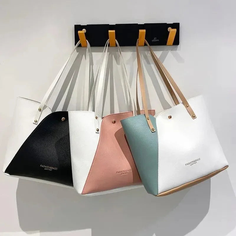 Women's Shopping Bag- PU Leather Tote Bag Double Tone Color Shoulder Bag