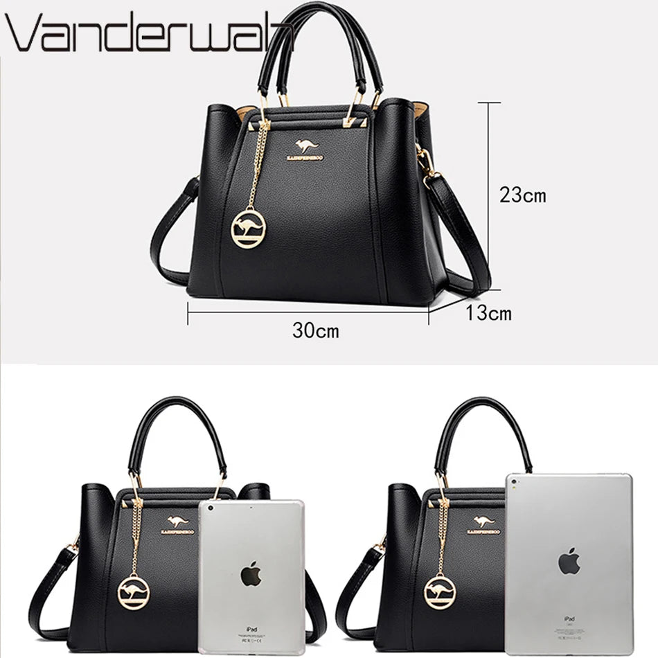 VANDERWAH Luxury Leather Shoulder Crossbody Bag – 3 Layers Soft Tote