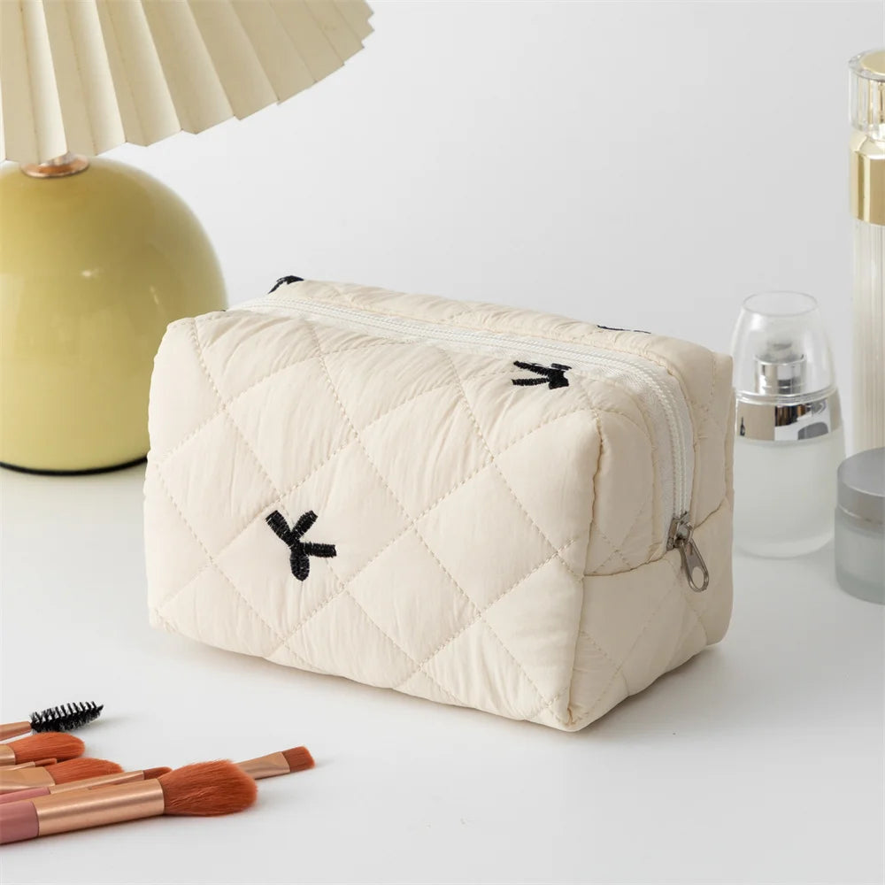 Stylish Large Bow Cosmetic Bag – Quilted Cotton Travel Makeup Organizer