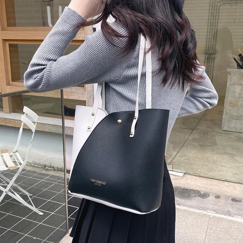 Women's Shopping Bag- PU Leather Tote Bag Double Tone Color Shoulder Bag
