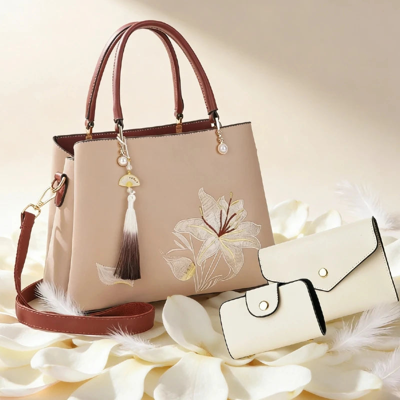 Embroidered Lily Shoulder Tote for women