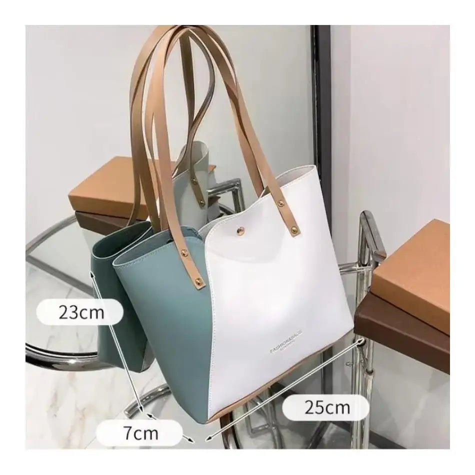 Women's Shopping Bag- PU Leather Tote Bag Double Tone Color Shoulder Bag