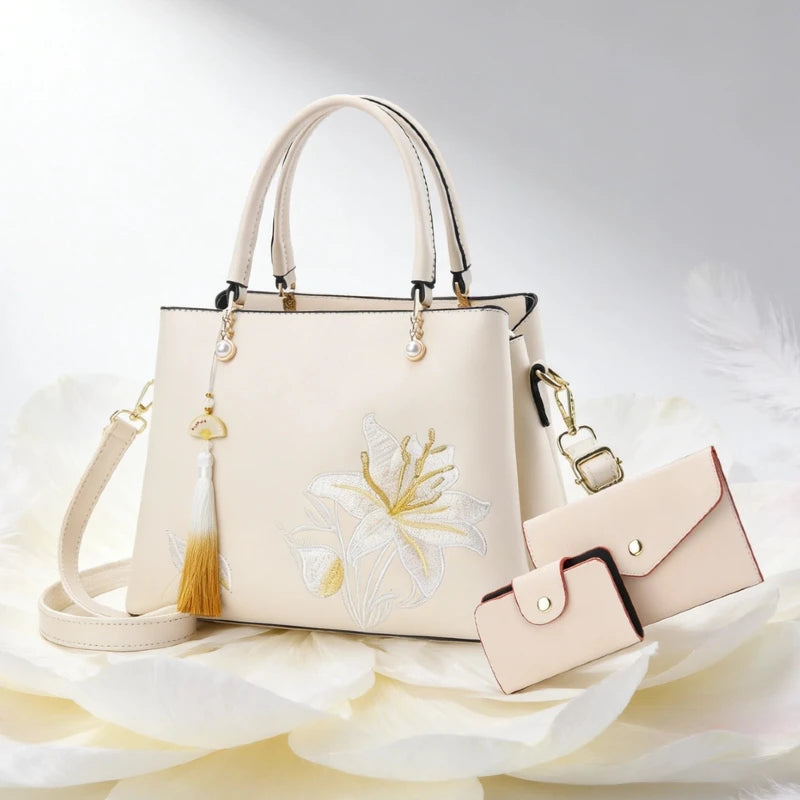 Embroidered Lily Shoulder Tote for women