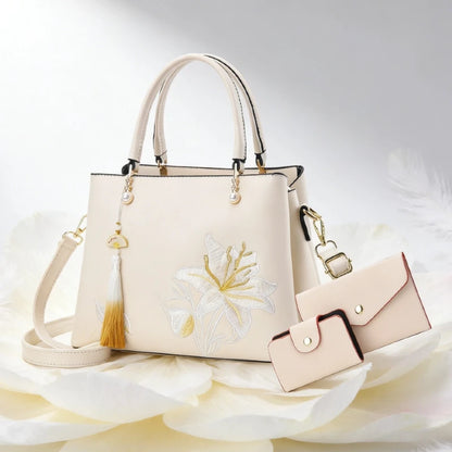 Embroidered Lily Shoulder Tote for women