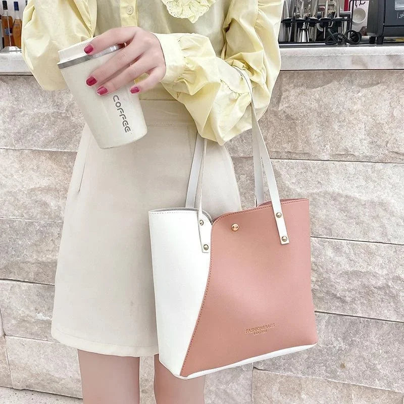 Women's Shopping Bag- PU Leather Tote Bag Double Tone Color Shoulder Bag