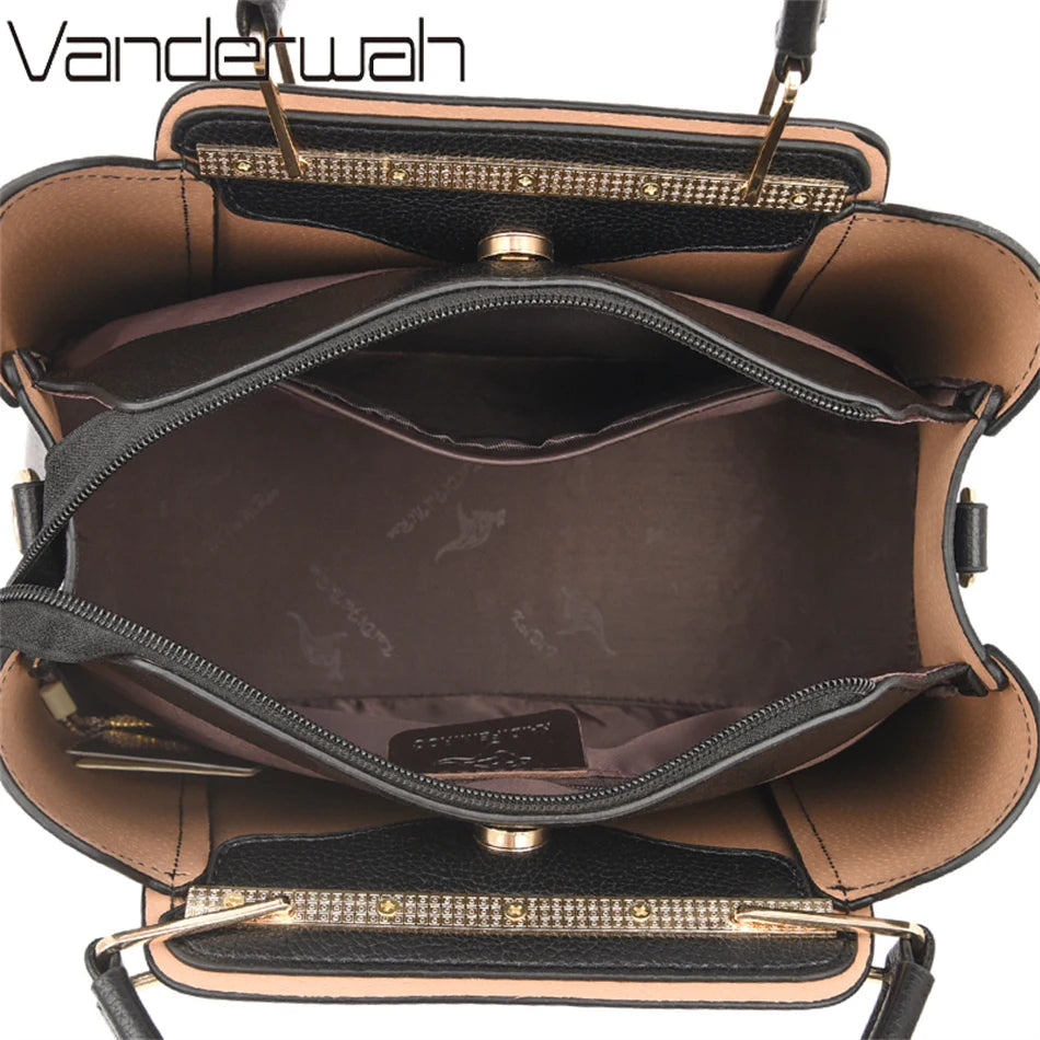 VANDERWAH Luxury Leather Shoulder Crossbody Bag – 3 Layers Soft Tote