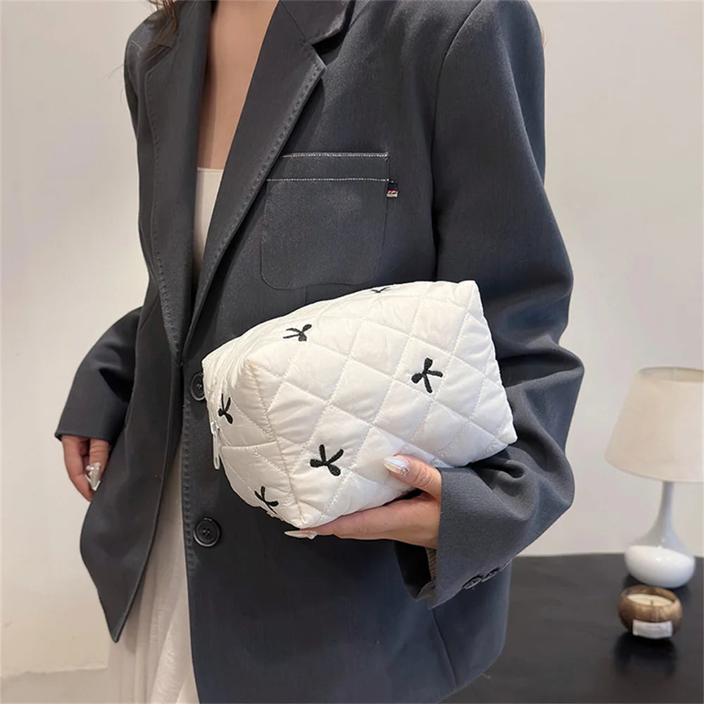 Stylish Large Bow Cosmetic Bag – Quilted Cotton Travel Makeup Organizer