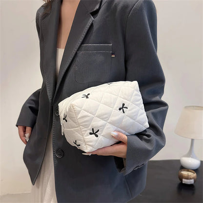 Stylish Large Bow Cosmetic Bag – Quilted Cotton Travel Makeup Organizer