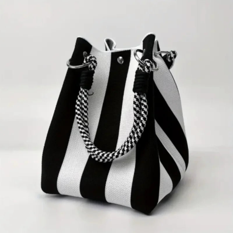 Ladies Retro Multicolor Handbag – Striped Bucket Style