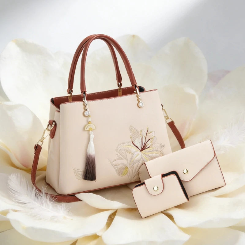 Embroidered Lily Shoulder Tote for women