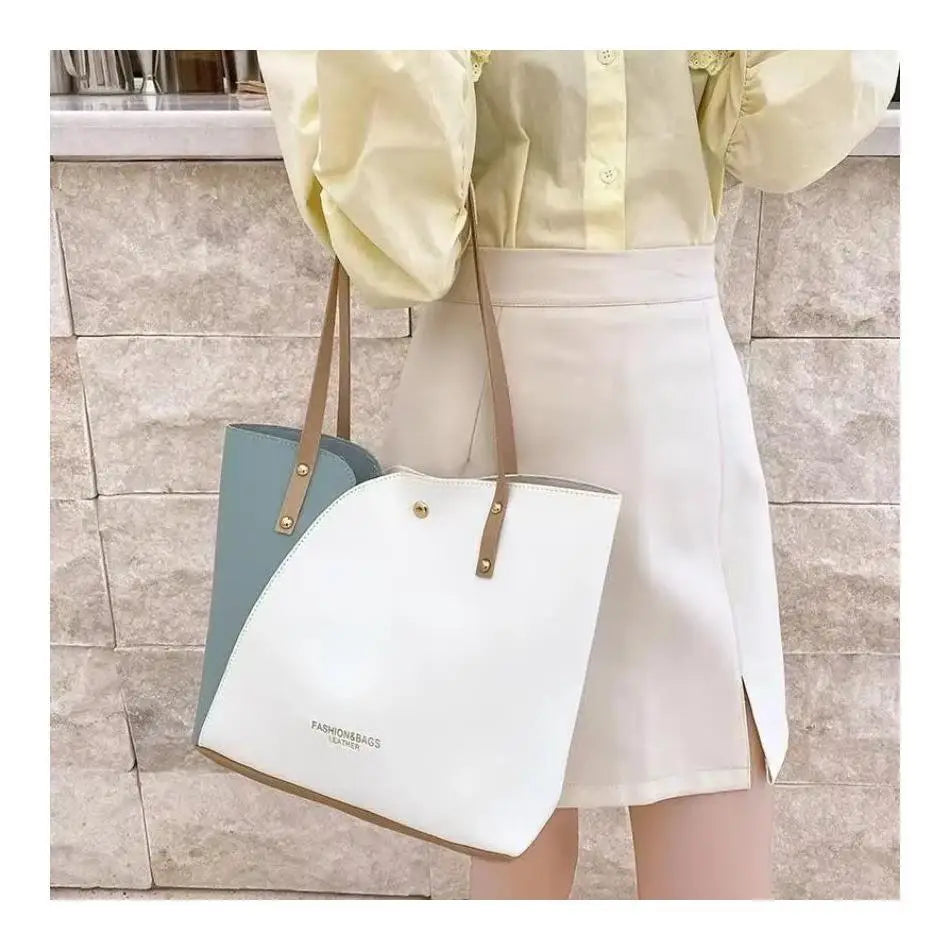 Women's Shopping Bag- PU Leather Tote Bag Double Tone Color Shoulder Bag