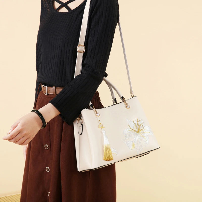 Embroidered Lily Shoulder Tote for women