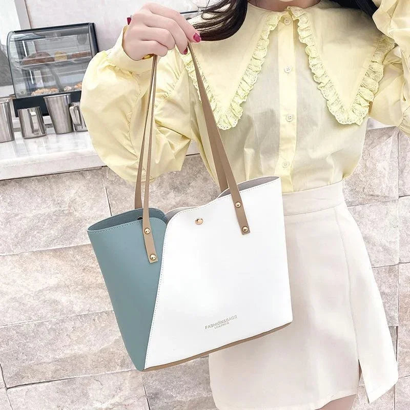 Women's Shopping Bag- PU Leather Tote Bag Double Tone Color Shoulder Bag