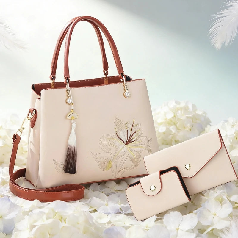 Embroidered Lily Shoulder Tote for women