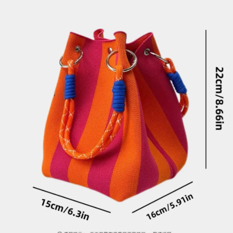 Ladies Retro Multicolor Handbag – Striped Bucket Style