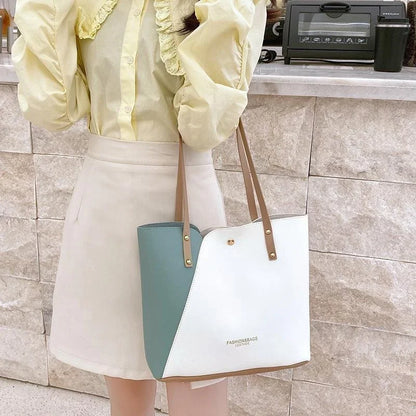 Women's Shopping Bag- PU Leather Tote Bag Double Tone Color Shoulder Bag