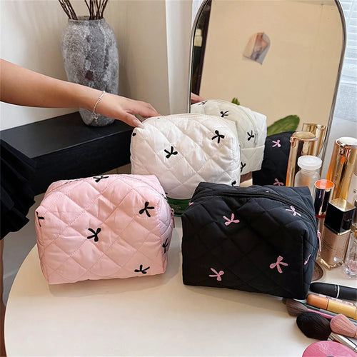 Stylish Large Bow Cosmetic Bag – Quilted Cotton Travel Makeup Organizer