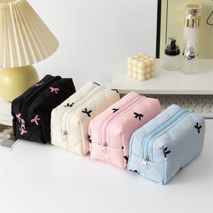 Stylish Large Bow Cosmetic Bag – Quilted Cotton Travel Makeup Organizer