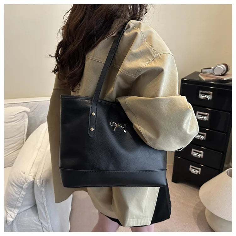 Women’s Daily PU Shoulder Bag – Large Capacity with Bow Decoration