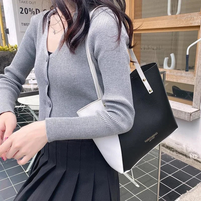Women's Shopping Bag- PU Leather Tote Bag Double Tone Color Shoulder Bag