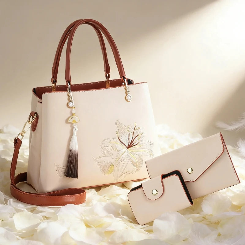Embroidered Lily Shoulder Tote for women