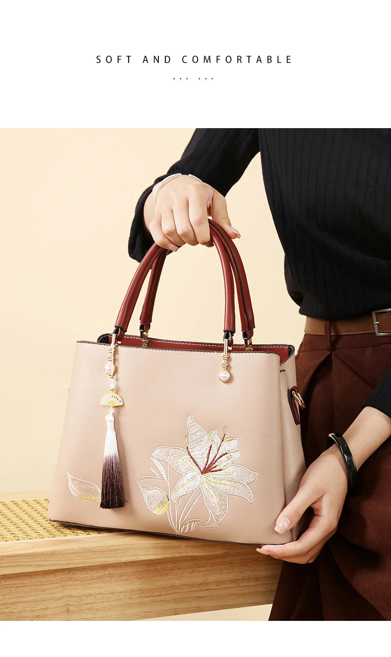 Embroidered Lily Shoulder Tote for women