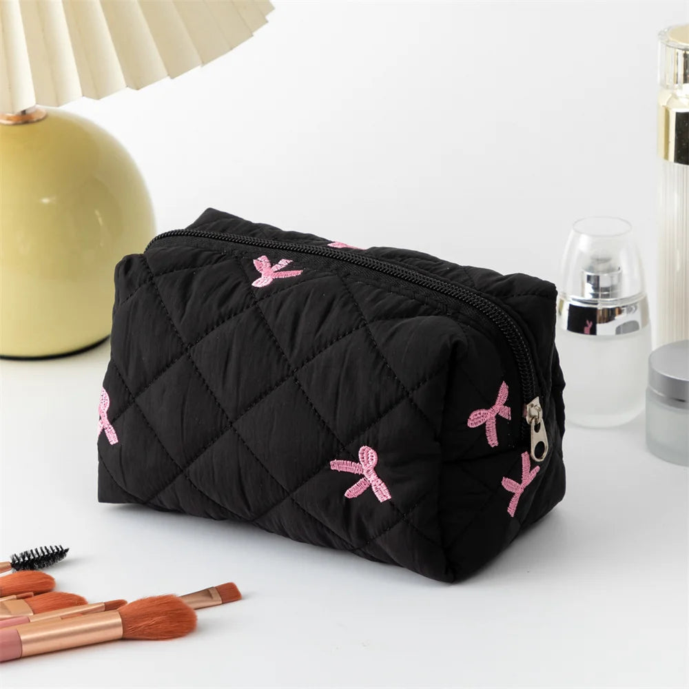 Stylish Large Bow Cosmetic Bag – Quilted Cotton Travel Makeup Organizer