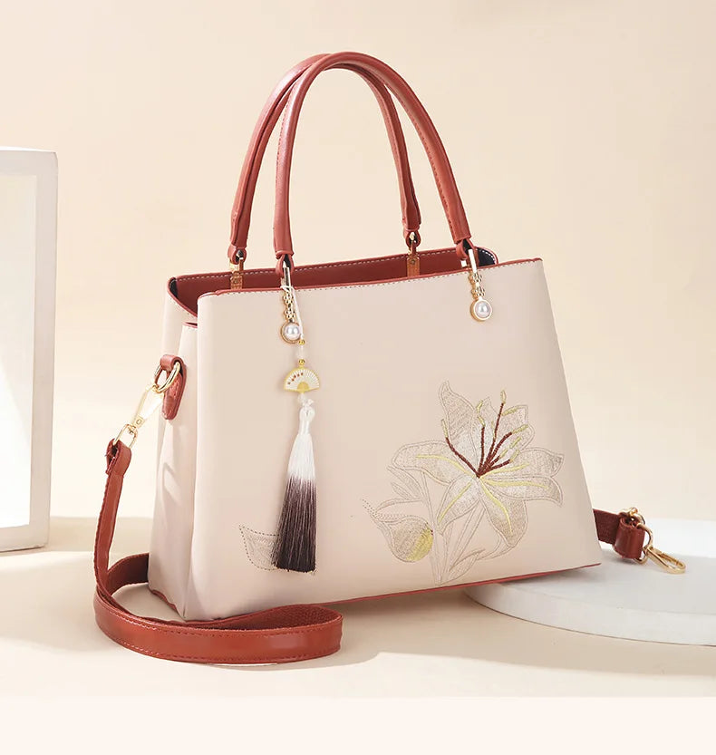 Embroidered Lily Shoulder Tote for women