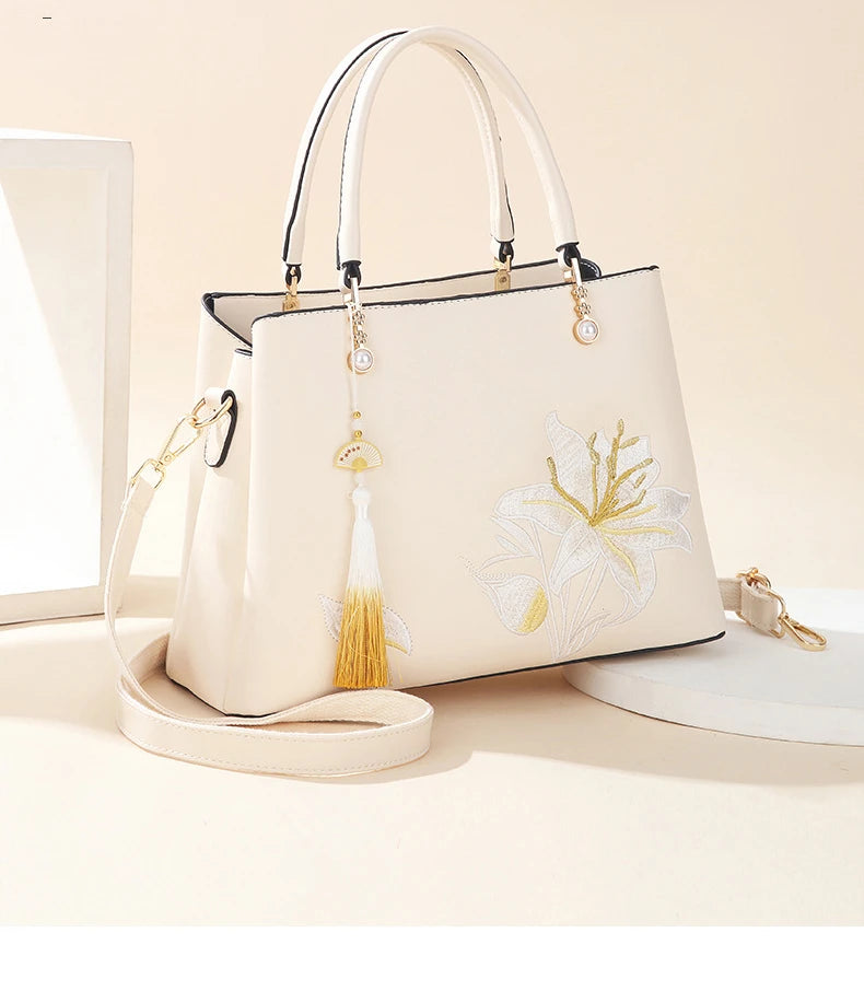 Embroidered Lily Shoulder Tote for women