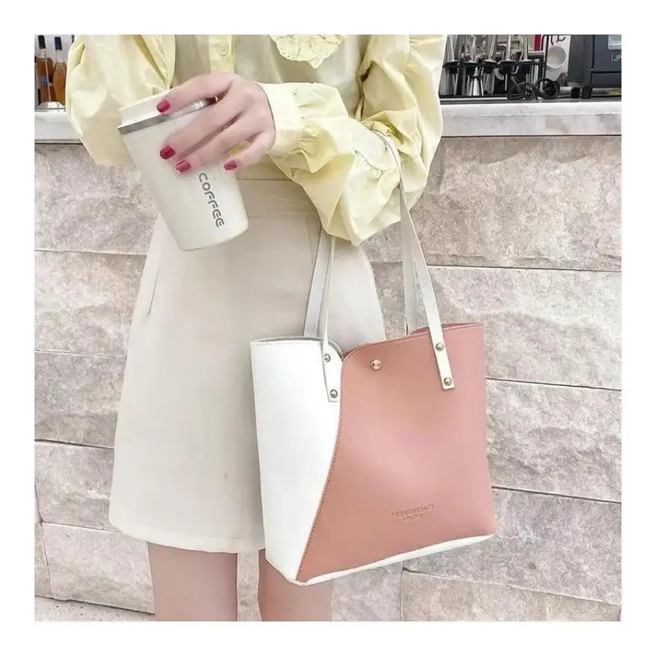 Women's Shopping Bag- PU Leather Tote Bag Double Tone Color Shoulder Bag