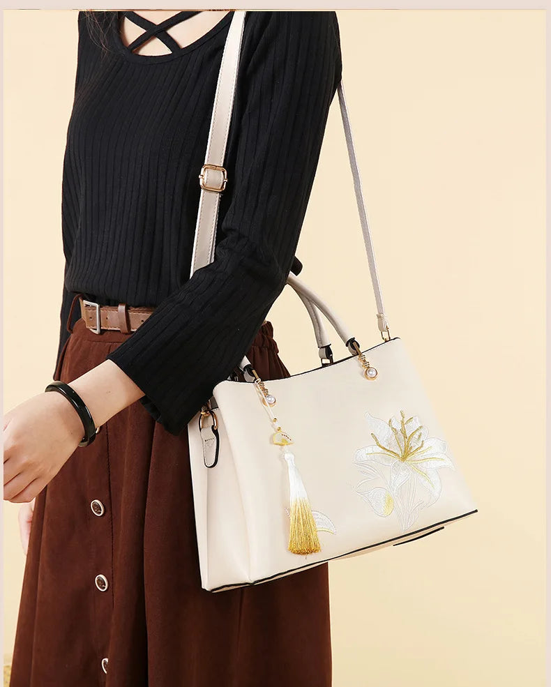 Embroidered Lily Shoulder Tote for women