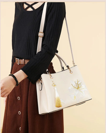 Embroidered Lily Shoulder Tote for women