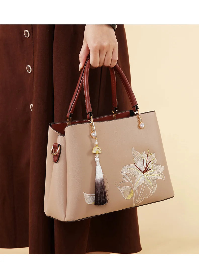 Embroidered Lily Shoulder Tote for women