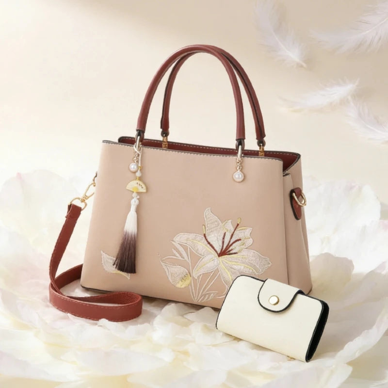 Embroidered Lily Shoulder Tote for women