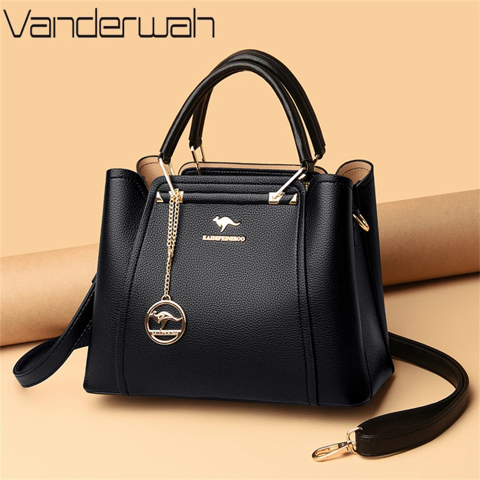 VANDERWAH Luxury Leather Shoulder Crossbody Bag – 3 Layers Soft Tote