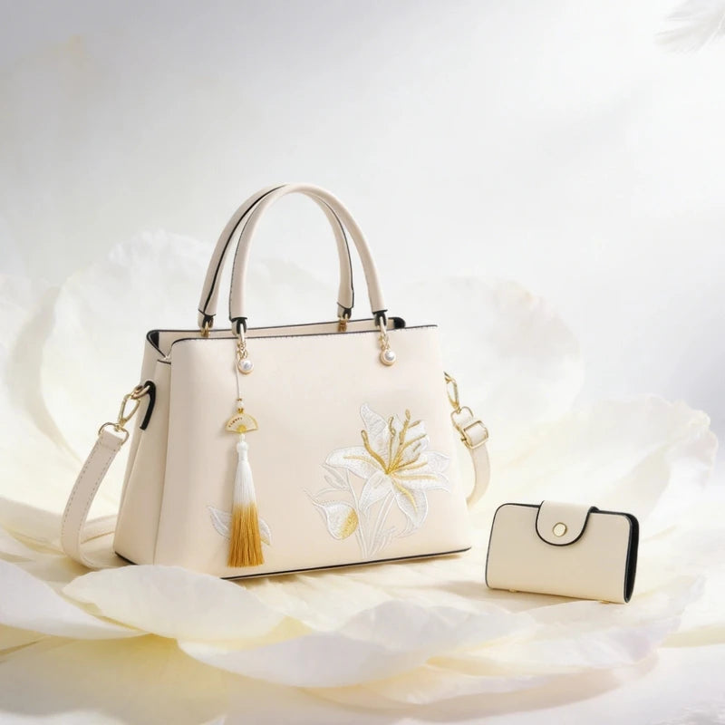 Embroidered Lily Shoulder Tote for women
